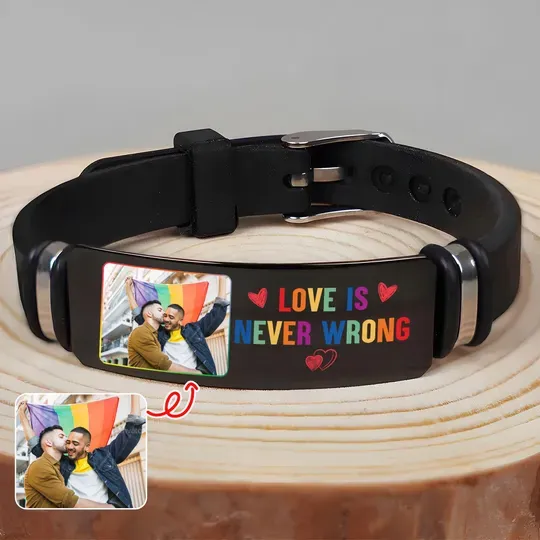 Personalized LGBT Bracelet, Custom Photo Bracelet, Love Is Never Wrong Jewelry, Rainbow Pride Wristband, Queer Bracelet for Gay Couples