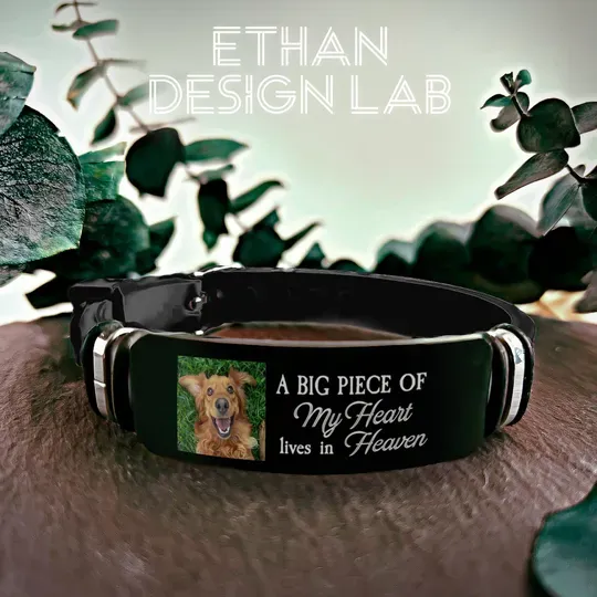 Custom Dog Memorial Photo Bracelet, Pet Loss Gift, Engraved Pet Name & Picture