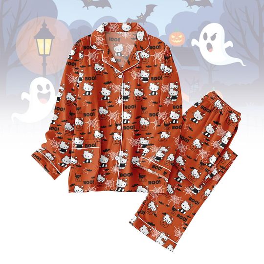 Halloween Hello Kitty Pajama Set for Women, Kitty Cat Sleepwear, Super Kitties Thick Pajamas, Spooky Season Lounge Set, Gift for Her