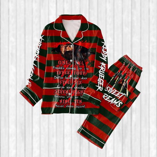 Freddy Krueger Pajama Set, Women’s Sleepwear, Striped Long Sleeve Top & Pants, Nightmare Elm Street Halloween Sleepwear