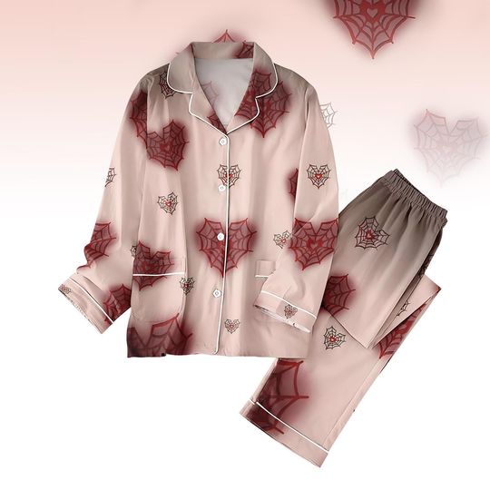 Pink Gothic Spider Web Pajama Set for Adults, Cute Halloween PJs, Spooky Matching Sleepwear