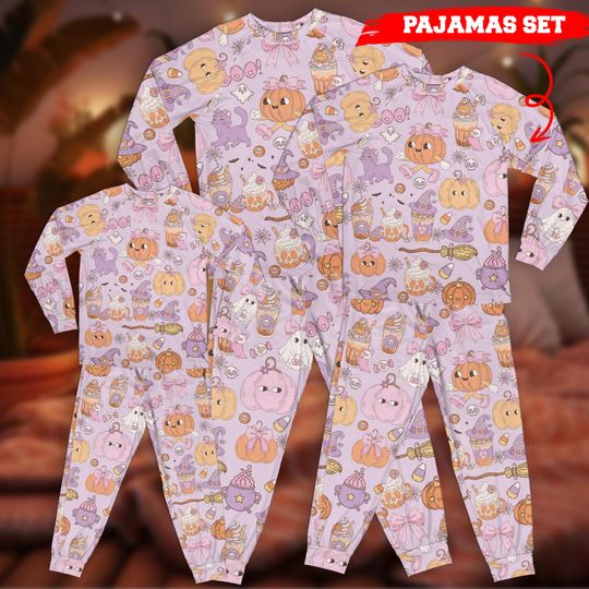 Coquette Halloween Pajama Set Pastel Pumpkin Coffee Print Family Pajamas Ghost Sleewear Kawaii Matching PJs