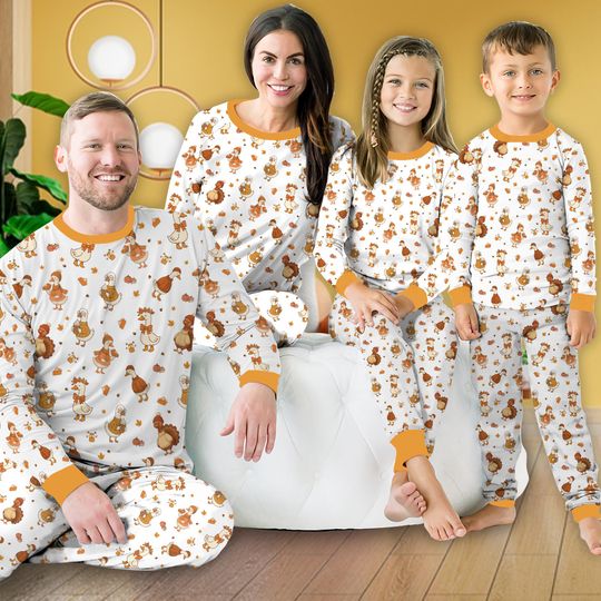 Autumn Silly Goose Pajama Set with Turkey and Pumpkin Pie, Long Sleeve Loungewear for Fall and Holiday Family Matching Pajamas