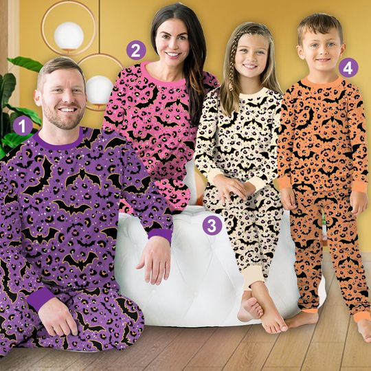 Cute Family Bat Halloween Pajama Set, Trick or Treat Long Sleeve Two-Piece, Spooky Season Bats Lover Loungewear