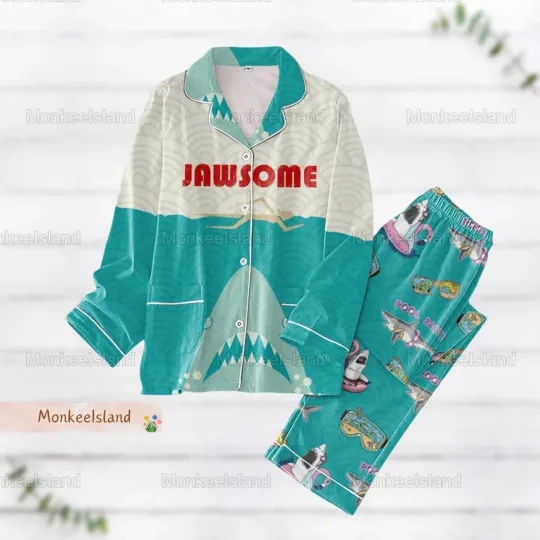 Halloween Jaws Pajama Set for Women, Shark Jaws Movie Sleepwear, Horror Loungewear