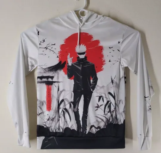 Jujutsu Satoru Anime Satoru Gojo Hoodie Men's M White Graphic Print Long Sleeve