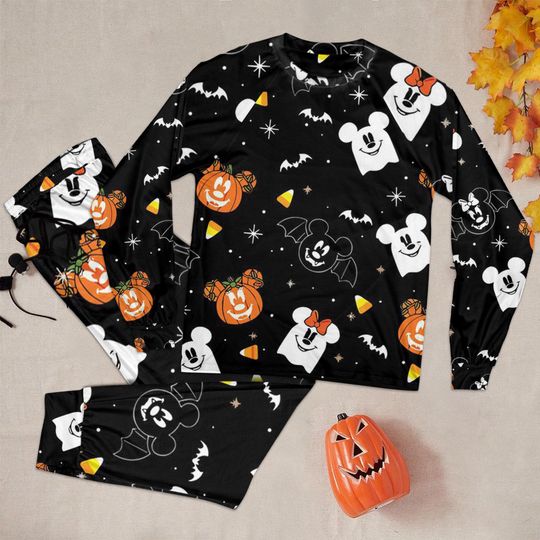 Cute Mickey Boo Pumpkin Bat Pajamas Set, Disney Halloween Mickey Bat Pumpkin Pajamas, Cute Fall Bow Sleepwear, Cozy Season Nightwear