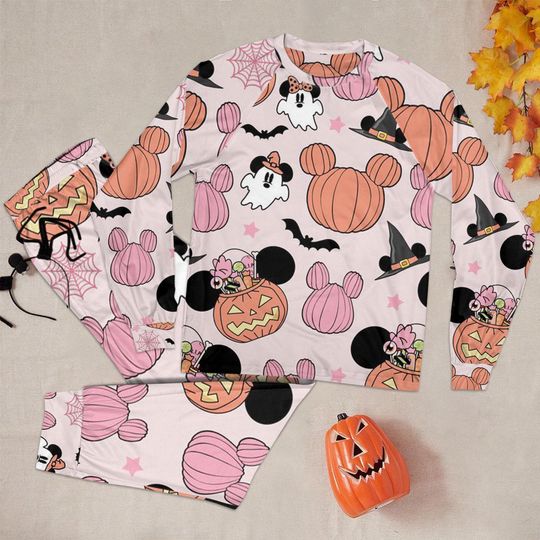 Mickey Pink Pumpkin Candy Bat Pajama Set, Disney Halloween Trick or Treat Mickey Pumpkin Pajamas, Halloween Pajamas For Kid Adult