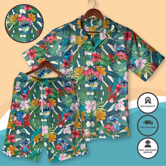 Stitch Aloha Floral Hawaiian Shirt and Short, Lilo and Stitch Summer Beach Hawaii Shirt, Tropical Stitch Hawaiian Shirt, Floral Summer Outfit