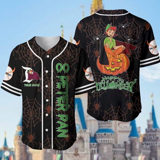 Personalized Peter Pan Jersey Shirt, Halloween Pumpkin Baseball Jersey, Disneyland Shirt, Spooky Season Gift