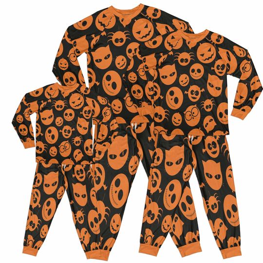 Halloween Cat & Spider Print Raglan Pajama Set for Adults, Long Sleeve, Matching Family Sleepwear