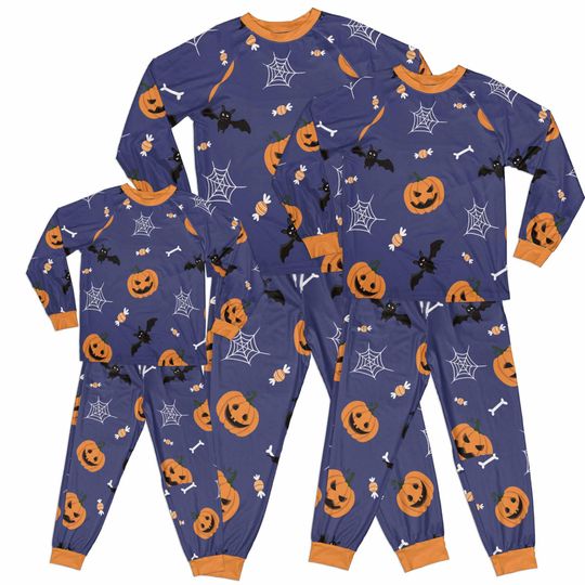 Halloween Pumpkin & Bat Raglan Pajama Set for Kids and Family, Long Sleeve Sleepwear & Loungewear