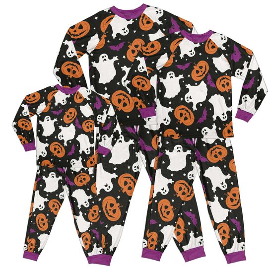 Kids Raglan Pajama Set with Pumpkin and Ghost Print, Long Sleeve Sleepwear, Family Matching Halloween Costume