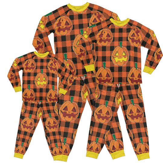 Halloween Pumpkin Checkered Raglan Pajama Set for Kids, Family Matching Long Sleeve Sleepwear