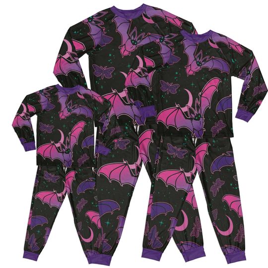 Halloween Matching Raglan Pajama Set with Big Bat and Moth Prints, Family Sleepwear