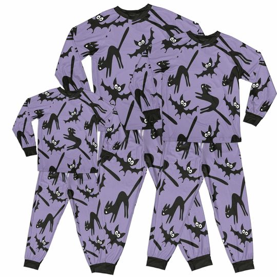 Family Matching Halloween Pajama Sets with Cats and Bats for Kids and Adults