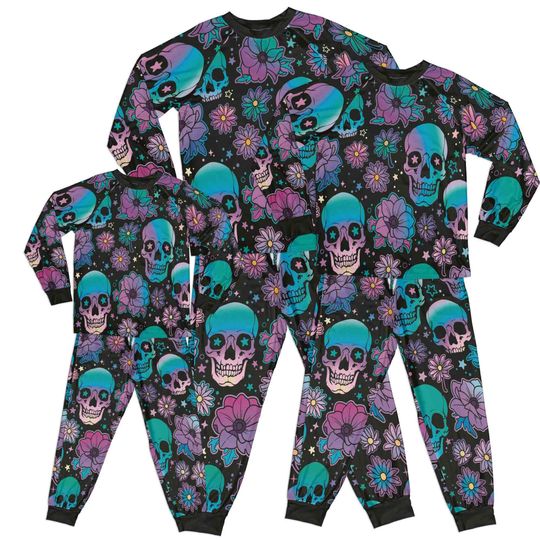 Neon Skulls and Flowers Raglan Pajama Set - Family Matching Sleepwear for Halloween