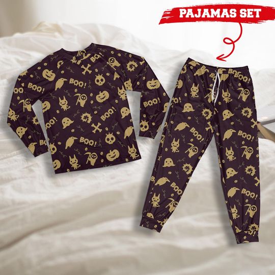 Halloween Pajamas Set  Boo & Spooky Print Loungewear, Long Sleeve Shirt and Pants, Cozy Sleepwear for Halloween Night, Fall Holiday