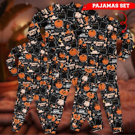 Halloween Black Cats Pajamas Set  Spooky Cute Matching Family PJs, All-Over Print Sleepwear, Trick or Treat Loungewear