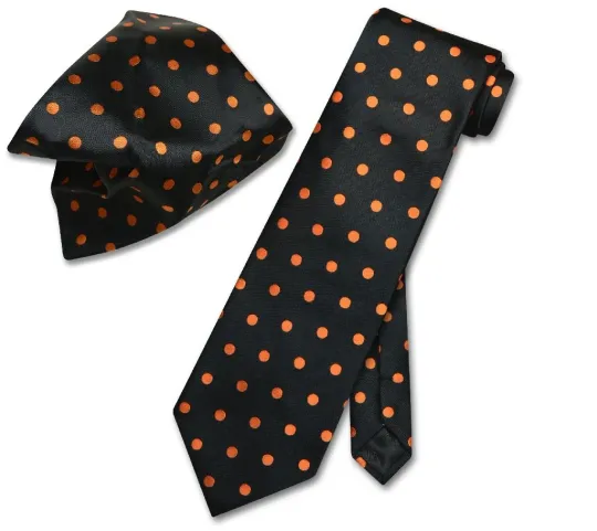 Vesuvio Napoli Black and Orange Polka Dot Necktie and Handkerchief Set for Men