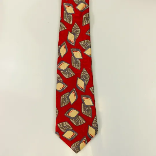 Vintage Gino Pompeii Red Yellow Geometric Art Deco Silk Necktie – Made in USA