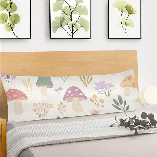 Mushroom Body Pillow Case, Pastel Forest Cottagecore Vintage Botanical Plants Retro