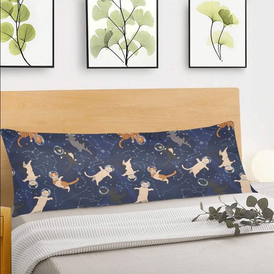 Cats Body Pillow Case, Constellation Kittens Space Blue Long Large Bed Print Throw Decor