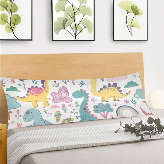 Dino Body Pillow Case, Cute Dinosaurs Anime Kawaii Doodle Long Full Large Bed Accent