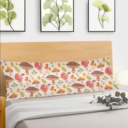 Mushroom Body Pillow Case, Forest Cottagecore Vintage Botanical Plants