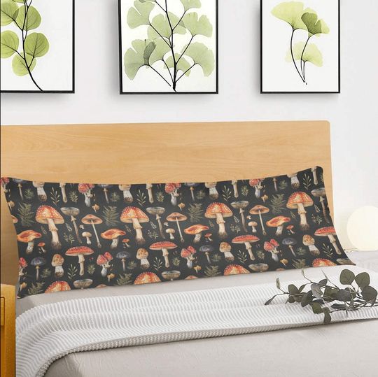Mushroom Body Pillow Case, Forest Cottagecore Vintage Botanical Plants