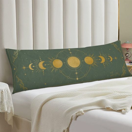 Moon Phases Pillowcase, Black and Gold Celestial Decor, Interesting Patterns Body Pillow