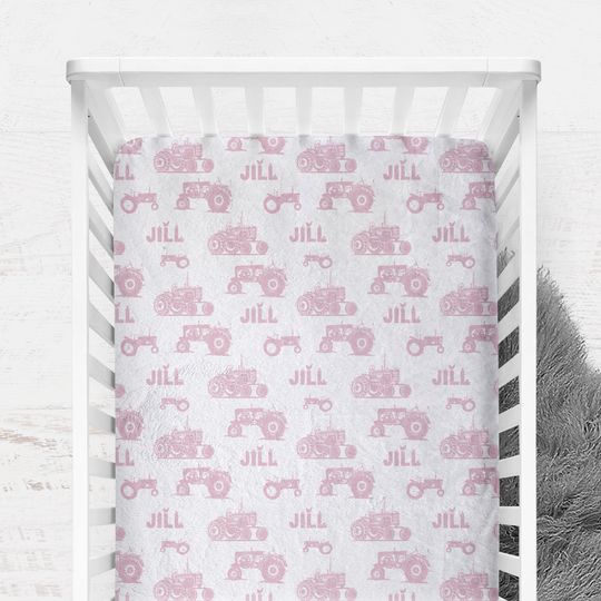 Personalized Vintage Tractor Crib Sheet for Girl, Crib Cover for Baby
