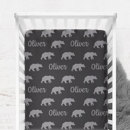 Personalized Woodland Bear Fitted Crib Sheet, Crib Cover for Baby