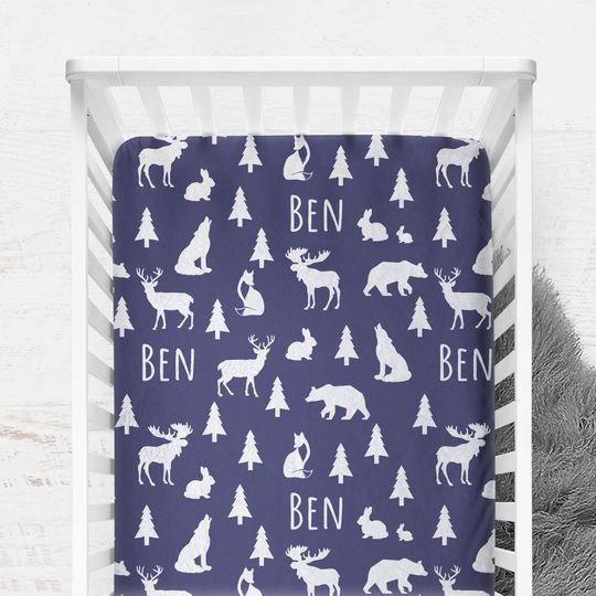 Personalized Woodland Animals Crib Sheet for Boy, Crib Cover for Baby