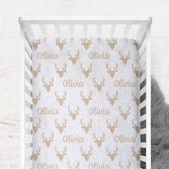 Personalized Woodland Stag Head Fitted Crib Sheet, Crib Cover for Baby