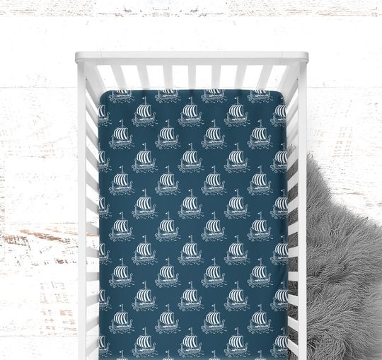 Viking Ship Fitted Crib Sheet for Boy, Crib Cover for Baby