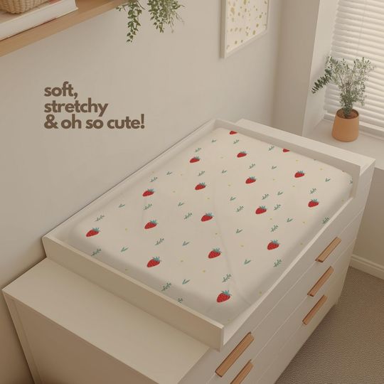 Soft Strawberry Baby Changing Pad Cover - Cute Nursery Decor, Crib Cover for Baby
