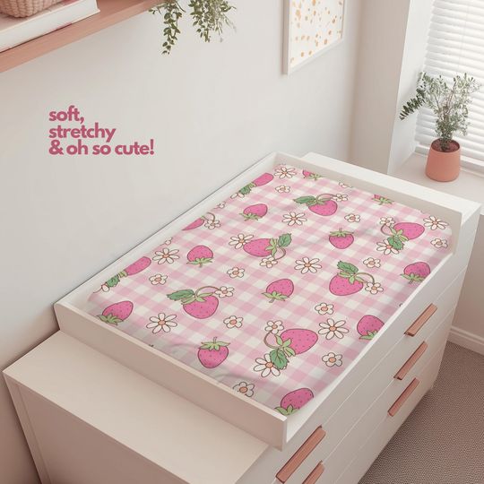 Soft Pink Gingham Strawberry Changing Pad Cover - Baby Shower Gift, Crib Cover for Baby