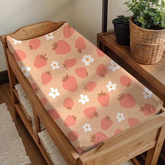 Soft Strawberry Daisy Changing Pad Cover - Spring Nursery Decor, Crib Cover for Baby