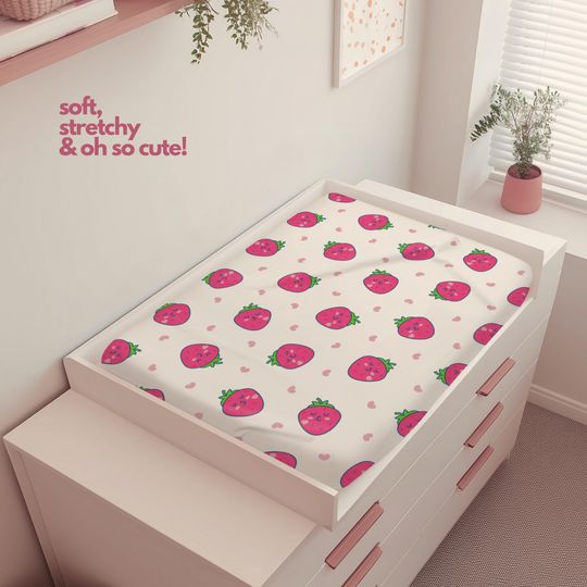 Cute Strawberry Changing Pad Cover - Soft & Stretchy Baby Mat, Crib Cover for Baby