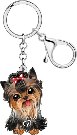Acrylic Cute Brown Yorkshire Terrier Dog Keychain Coffee Cup Puppy Key Ring