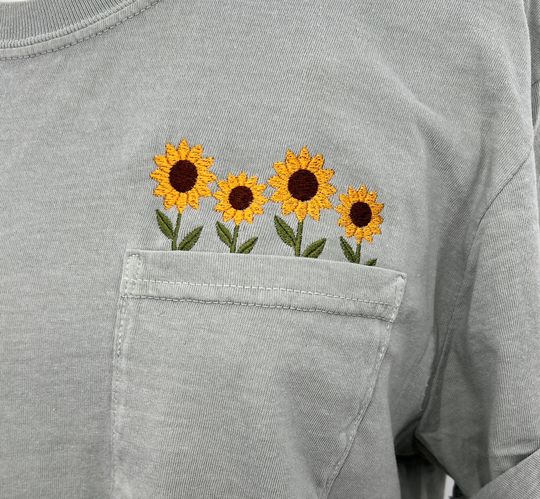 Embroidered Sunflower Pocket T-Shirt - Floral Crewneck Tee