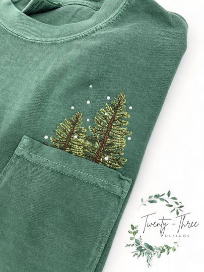 Embroidered Winter Trees Long Sleeve T-Shirt with Pocket, Christmas Trees