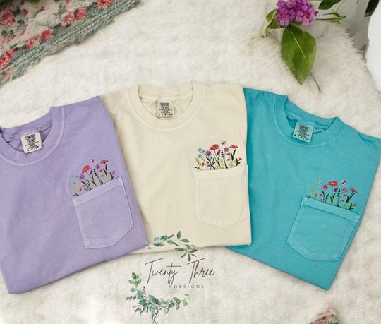 Embroidered Wildflower Pocket T-Shirt - All Season Floral Crewneck Tee, Plus Sizes