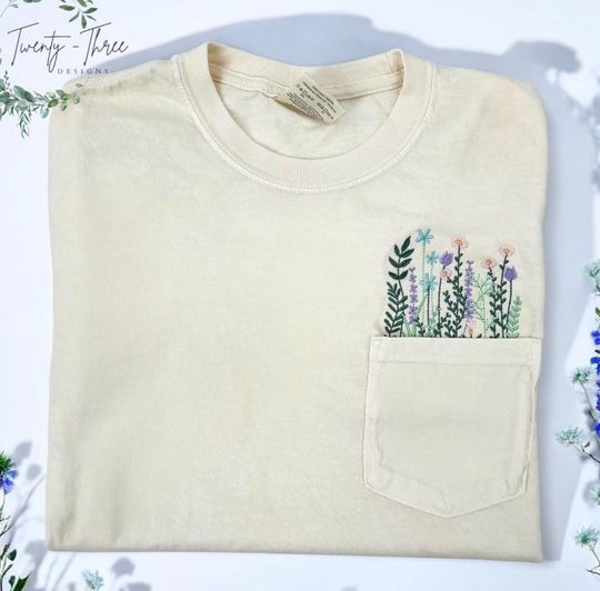 Embroidered German-Inspired Wildflowers Cotton T-Shirt - Comfort Color Extended Sizes