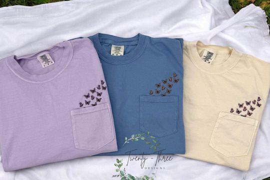 Embroidered Butterfly Pocket T-Shirt - All Season Vintage Tee with Extended Sizes
