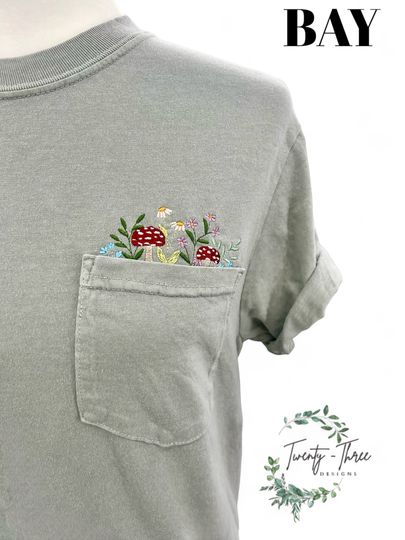 Embroidered Wildflower Pocket Crewneck T-Shirt with Floral and Mushroom Designs