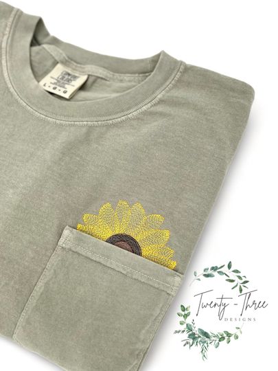 Embroidered Flower Pocket T-Shirt, Spring Floral Crewneck Tee, Sunflowers