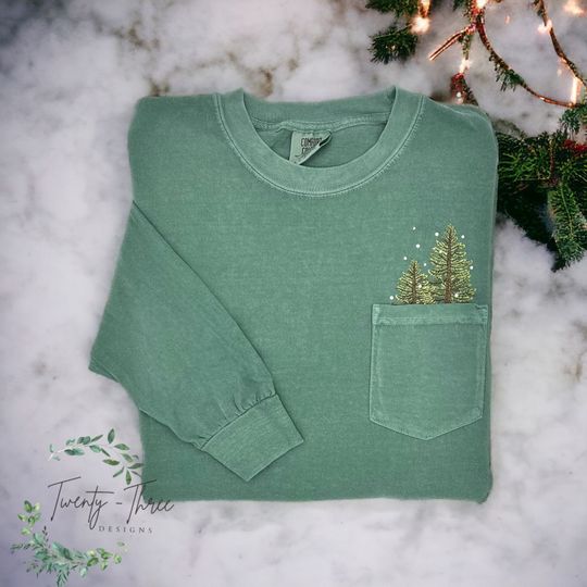 Embroidered Winter Trees Long Sleeve T-Shirt with Pocket, Comfort Colors, Christmas Trees