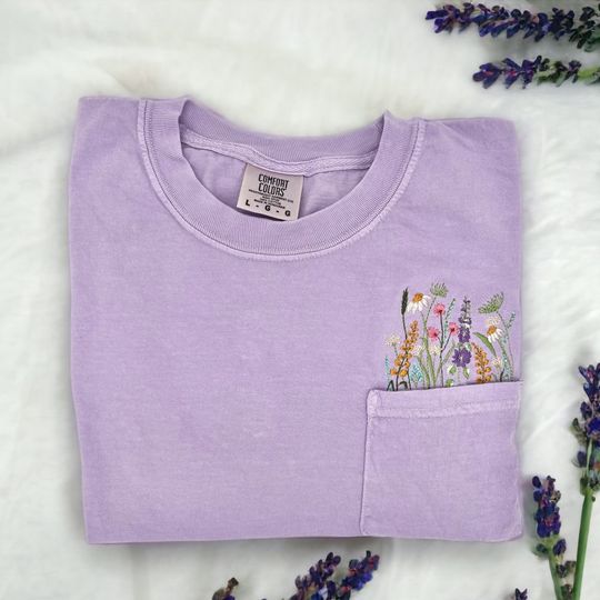Embroidered Wildflower Pocket T-Shirt  Floral Embroidered Crewneck T-Shirt  Spring Floral Pocket T-Shirt